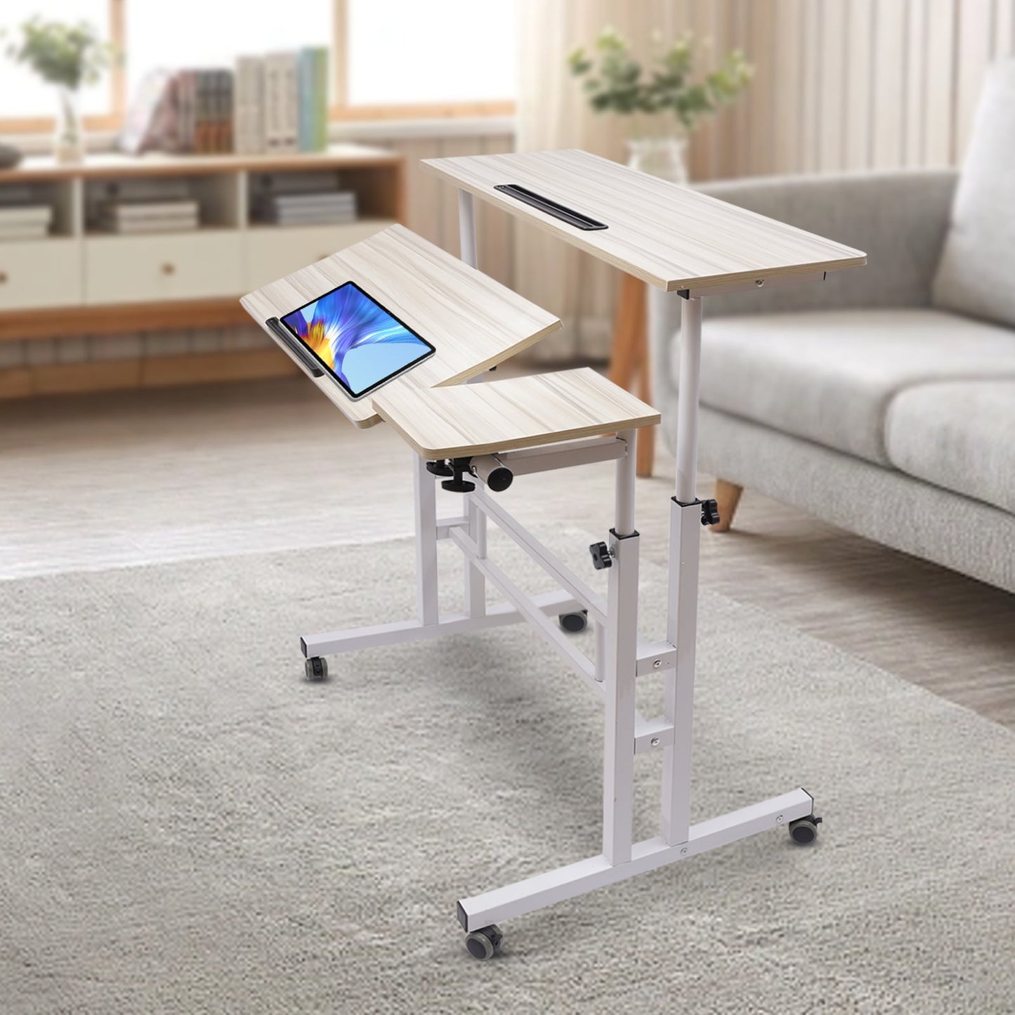 YIYIBYUS Adjustable Mobile Stand Up Desk 3 Desktops Rolling Table Home Office Desk Workstation Laptop Cart with Footrest