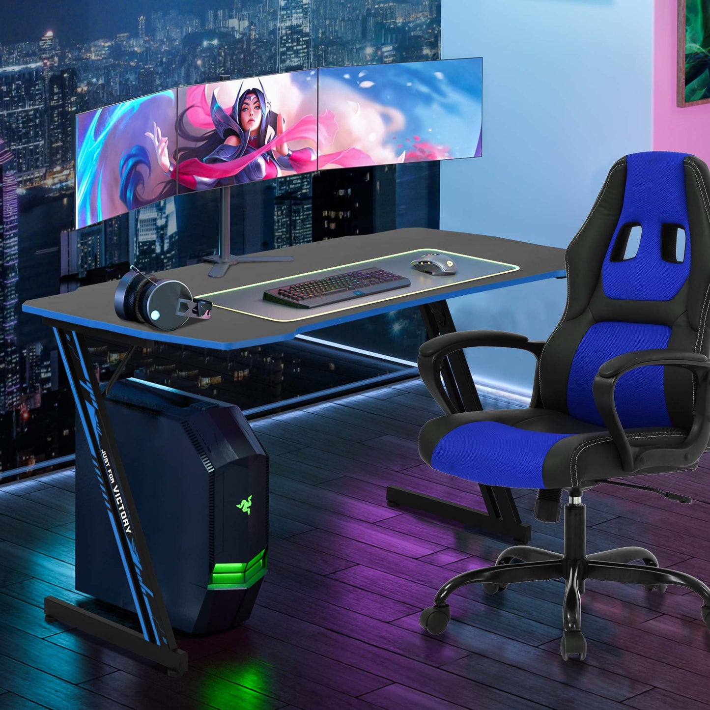 YRLLENSDAN 47" Z-Shaped Gaming Desks, Gaming Computer Desks PC Desk with Headphone Hook & Adjustable Feet Gaming Table Desk for Home Office, Blue