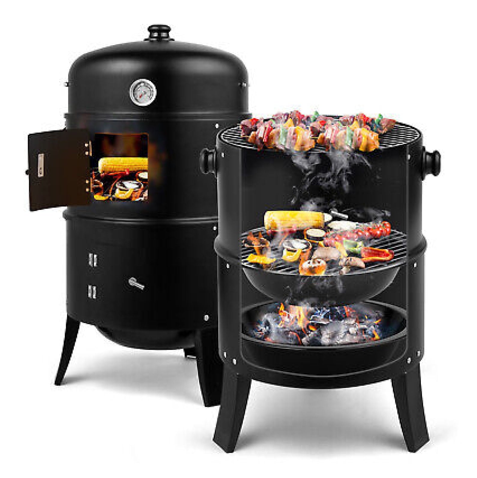 YUNTIE 31.5" Charcoal Smoker Grill 3-in-1 Vertical Heavy Duty Charcoal BBQ Smoker Grill