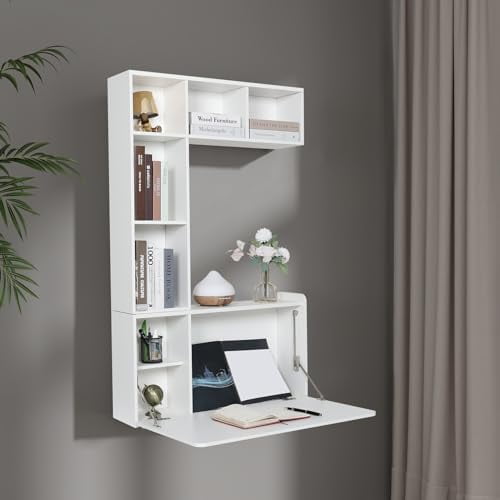 YUSING Floating Desk, Wall Mounted Table, Multifunctional Fold Down Wall Mounted Laptop Computer Workstation with Storage Shelves(Large)