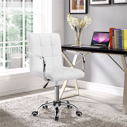 Yaheetech Height Adjustable PU Leather 360 Swivel Office Chair with Armrests, White