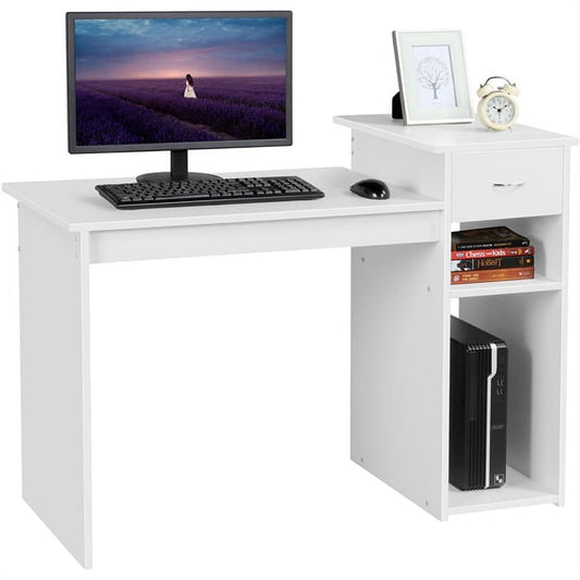 Yaheetech White Student Computer Desk with Drawer and Shelf Home Office Laptop Table Study Workstation Furniture Wood Heavy Duty