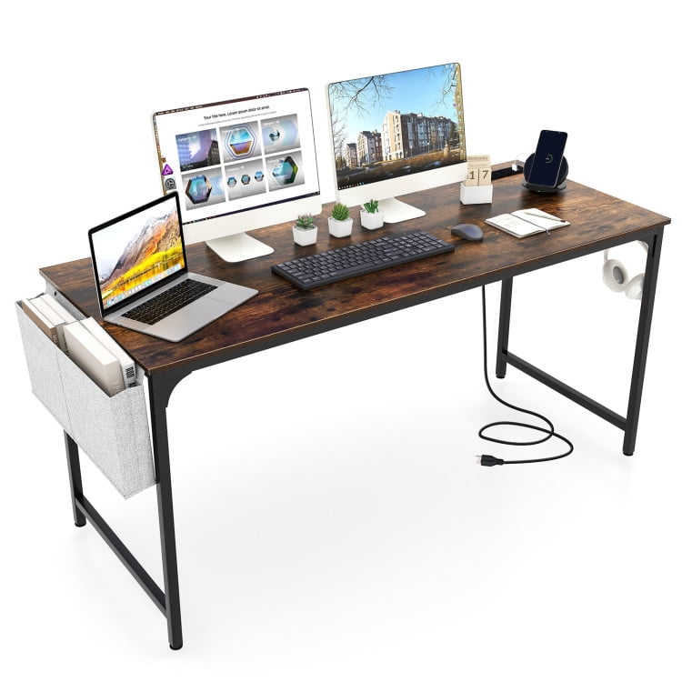 Yardi Yard 60 Inch Computer Desk with Charging Station Storage Bag-Rustic Brown, Computer Desk, Gaming Computer Desks for Study,Working,Writing