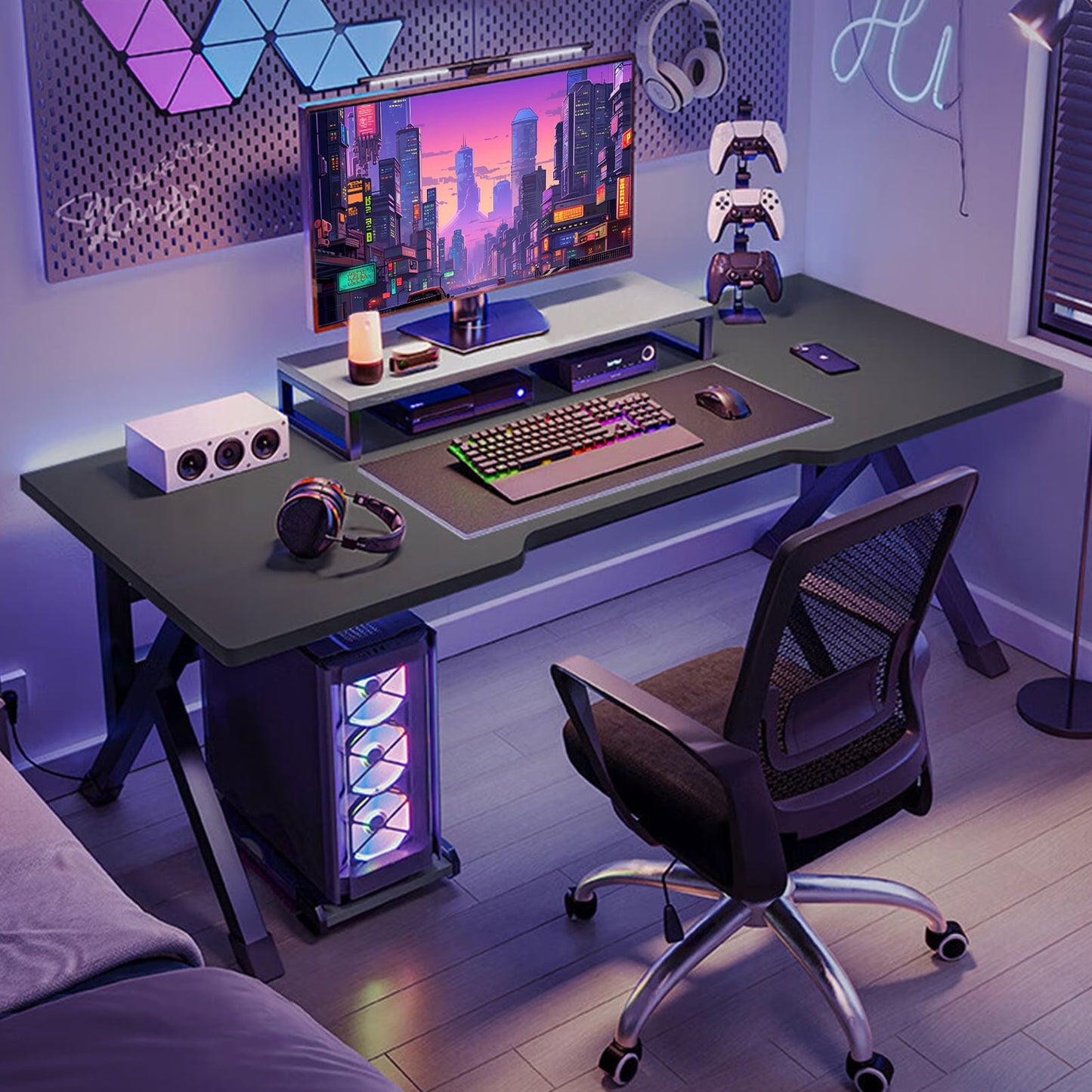 Yedigre Gaming Desk, Ergonomic Computer Game Table with X-shaped Steel Legs, Sturdy PC Workstation Desk for Home Office with Cable Holes