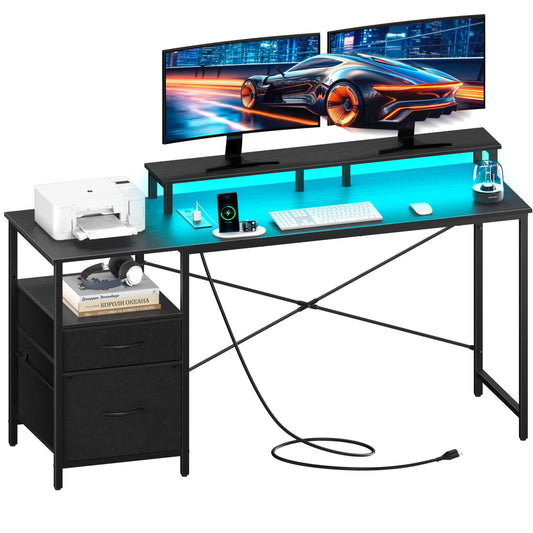 Yoobure 55.1" Computer Desk, Home Office Desk with LED Lights & Power Outlets, Gaming Desk with Fabric File Cabinet,Writing Desk with Drawers, Computer Table with Long Monitor Stand，Black