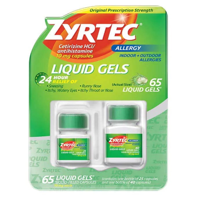 Zyrtec Cetirizine HCl 10 mg Allergy Relief Antihistamine Liquid Gels, 65 Count