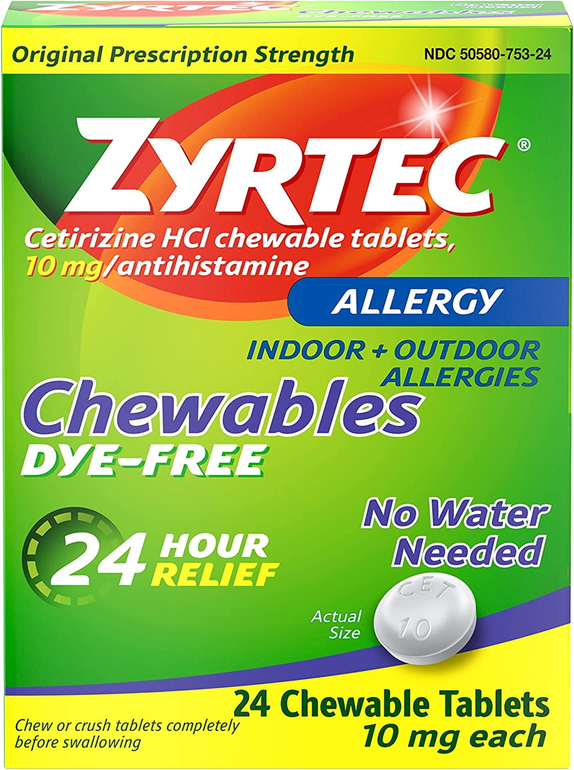 Zyrtec 24 Hour Allergy Relief Chewable Dye-Free Tablets with 10 mg Cetirizine HCl, 24 Ct