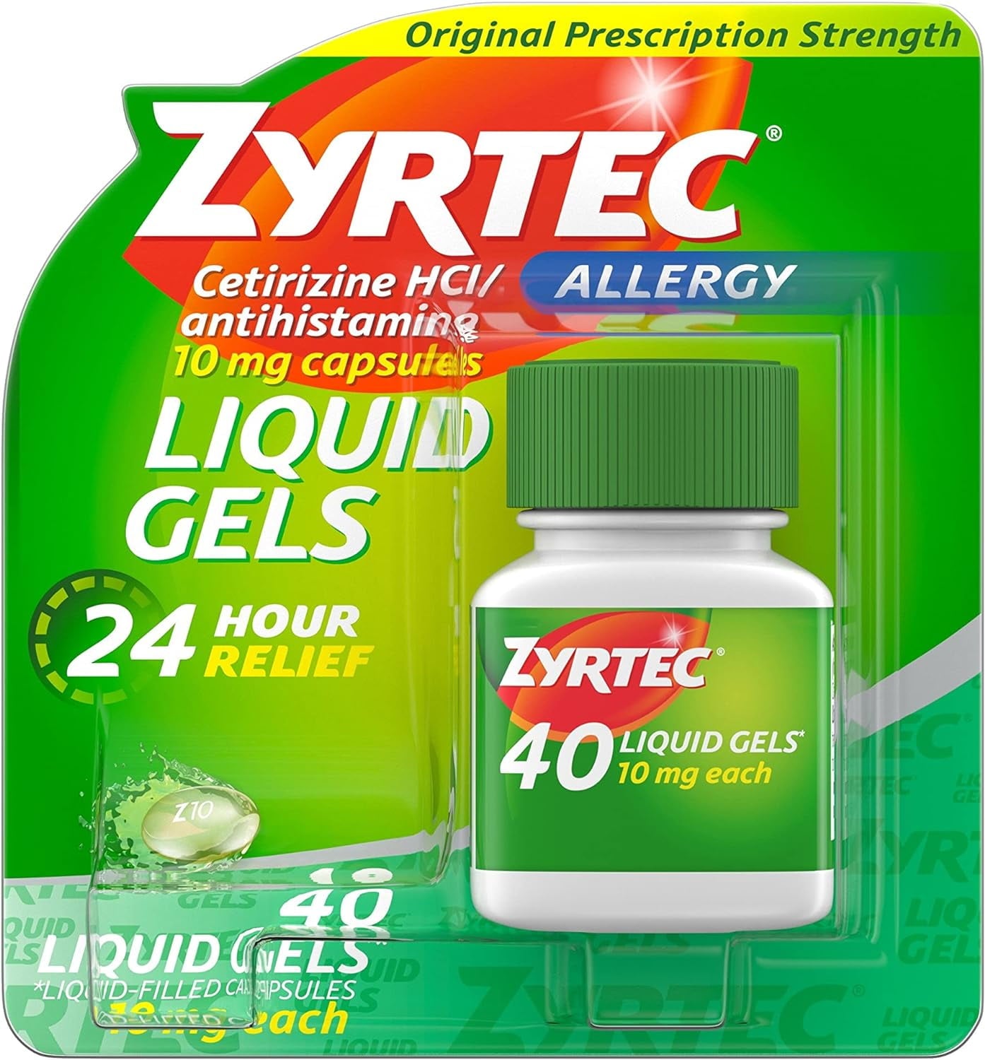 Zyrtec 24 Hour Allergy Relief Liquid Gels, Antihistamine Capsules with Cetirizine Hydrochloride Allergy Medicine for All-Day Relief from Runny Nose, Sneezing, Itchy Eyes & More, 40 ct