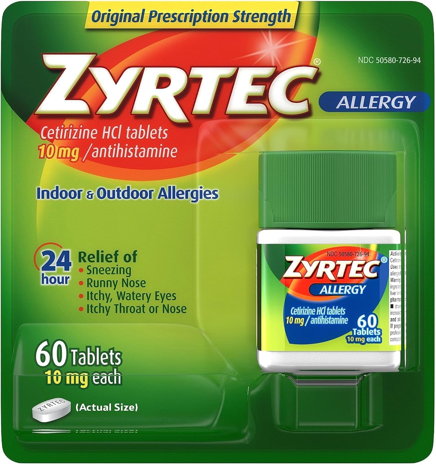 Zyrtec 24 Hour Allergy Relief Tablets, Indoor & Outdoor Allergy Medicine with 10 mg Cetirizine HCl per Antihistamine Tablet, Relief of Allergies, 60 ct