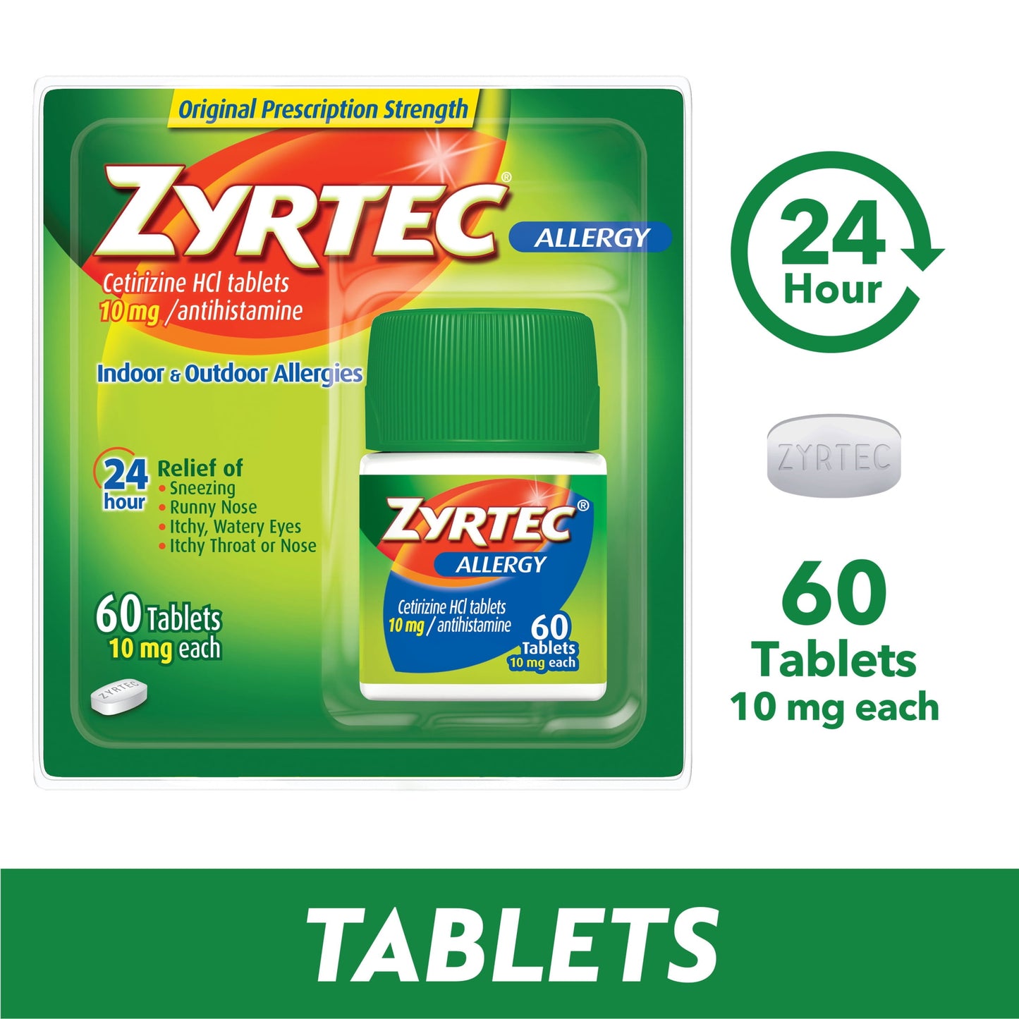 Zyrtec 24 Hour Allergy Relief Tablets with 10 mg Cetirizine HCl, 60 Ct