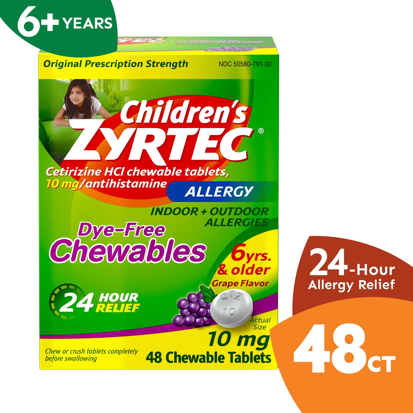 Zyrtec 24 Hour Children's Allergy Chewable Tablets, Grape, 48 ct