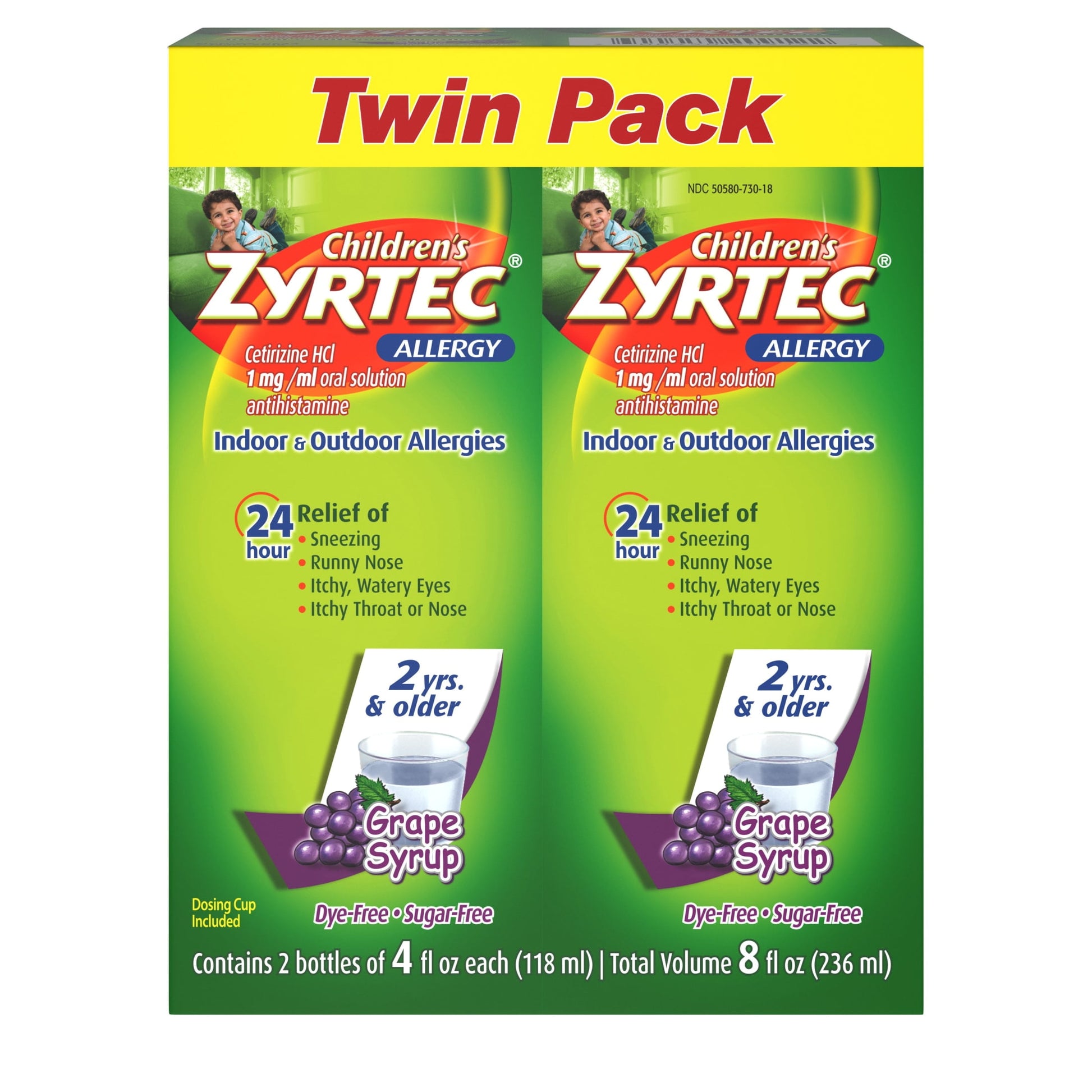 Zyrtec 24 Hr Children's Allergy Syrup, Grape, Twin Pack of 4 fl. oz