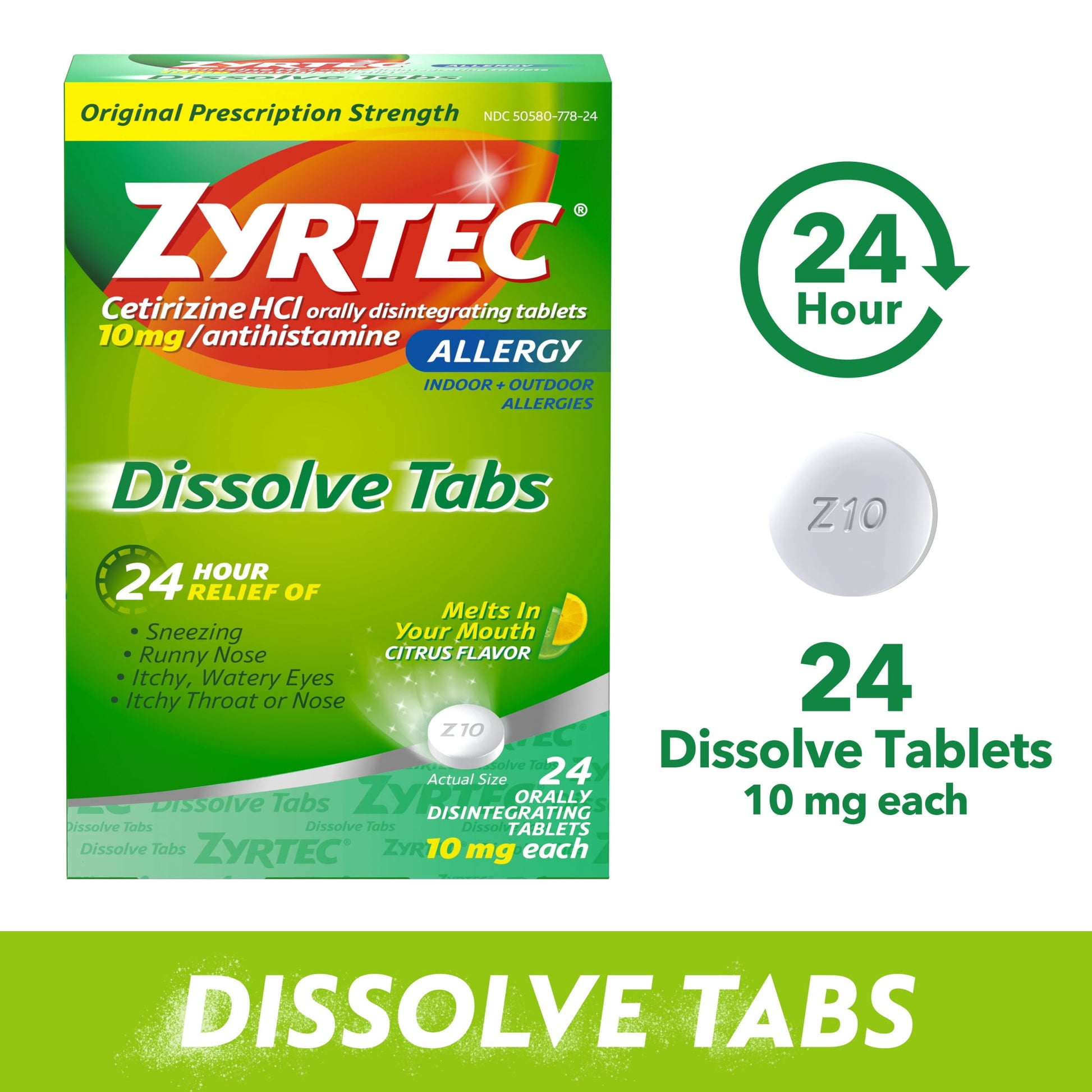 Zyrtec Allergy Dissolve Tablets, Cetirizine HCl, Citrus Flavor, 24 Ct