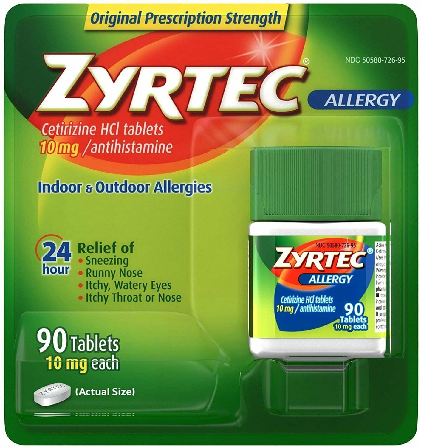 Zyrtec 24 Hour Allergy Relief Tablets, 10 mg Cetirizine HCl Antihistamine Allergy Medicine 90 ct (Pack of 2)