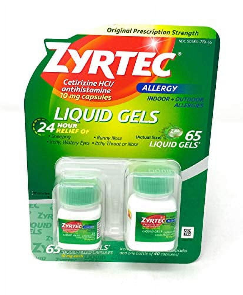 Zyrtec Cetirizine HCI/ Antihistamine 10mg 65 Liquid Gels One Bottle of 25 and One Bottle of 40