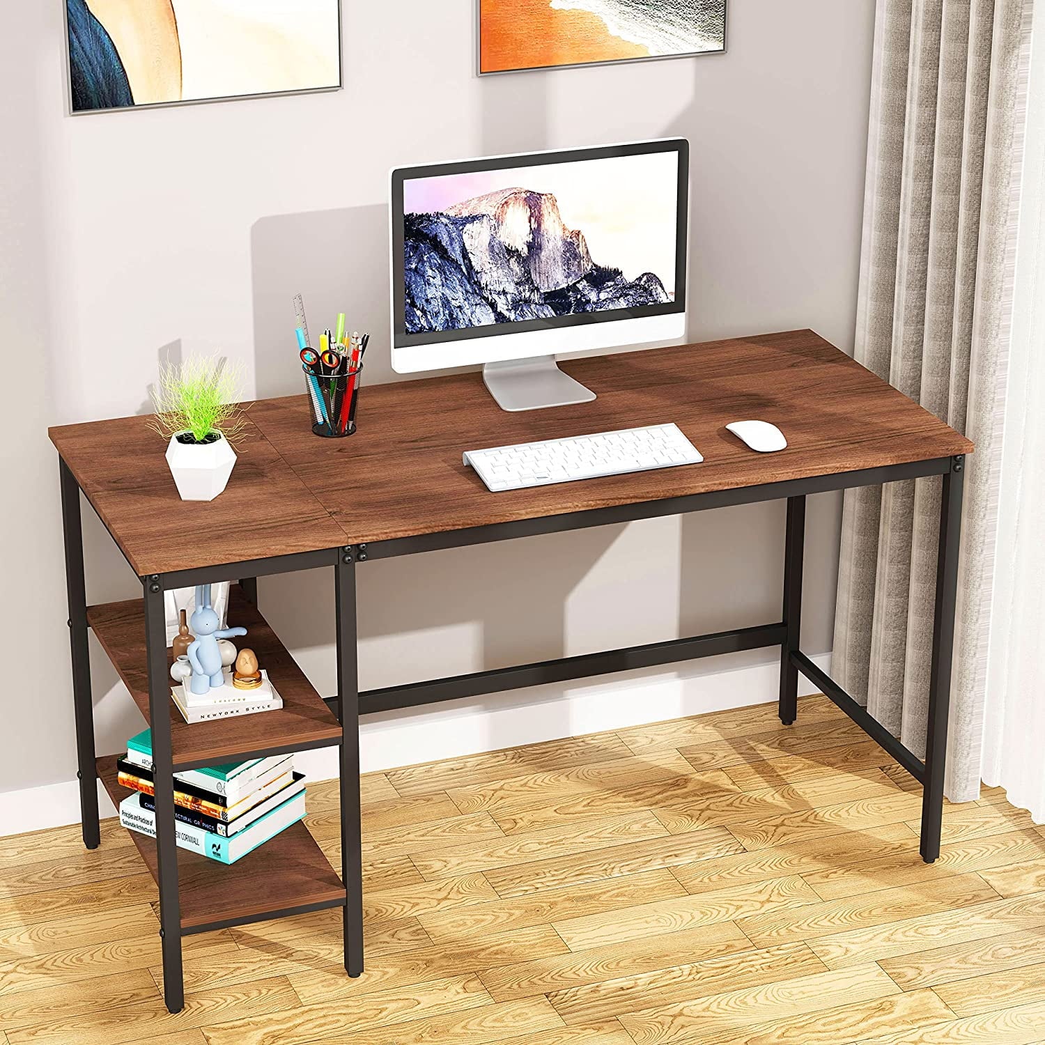 Andeworld Computer Desk 54",Home Office Desk with Storage Shelves on Left or Right Side,Study Writing Table,Brown