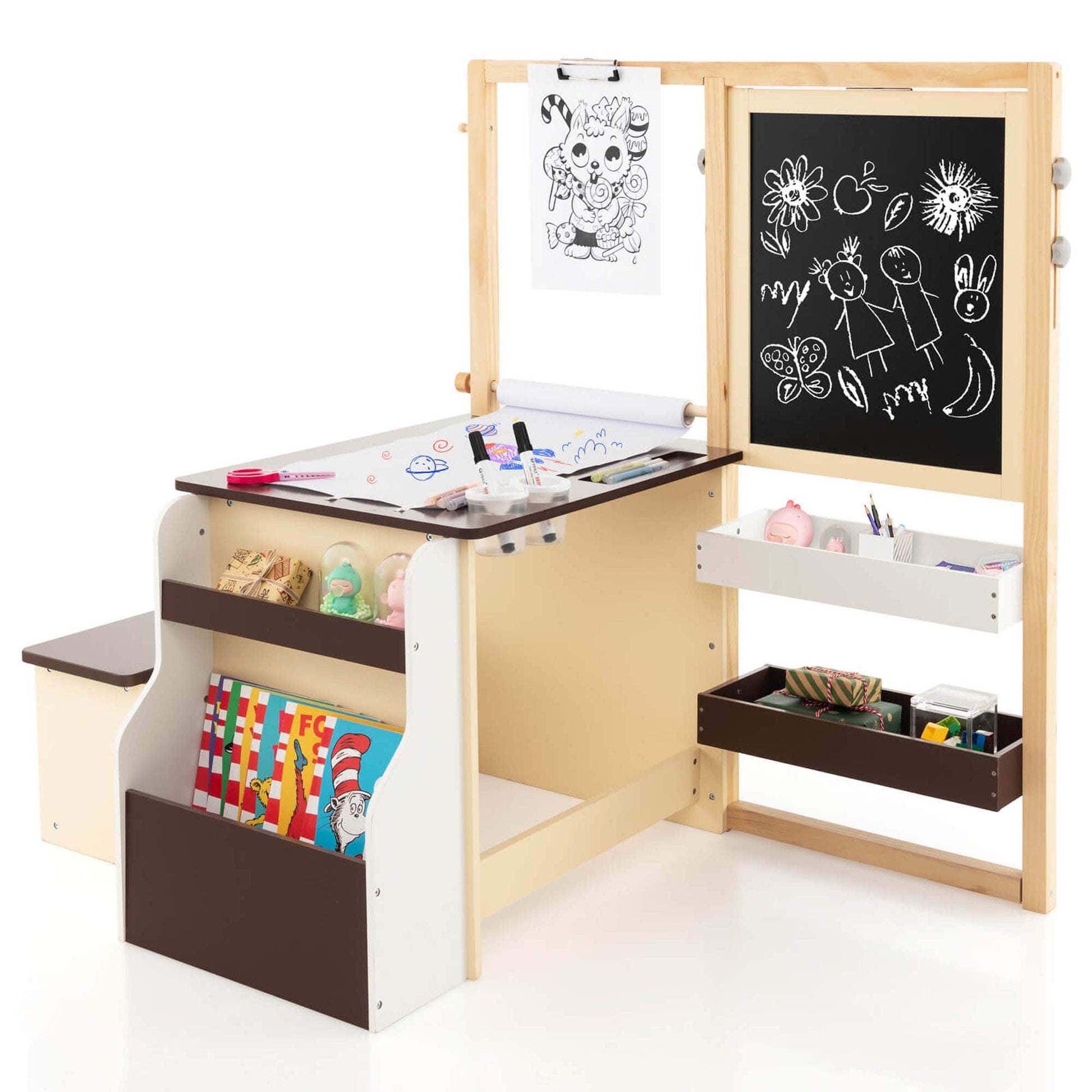 Costway Kids Art Center Wooden Table Bench Set Adjustable Double-Sided Easel Storage