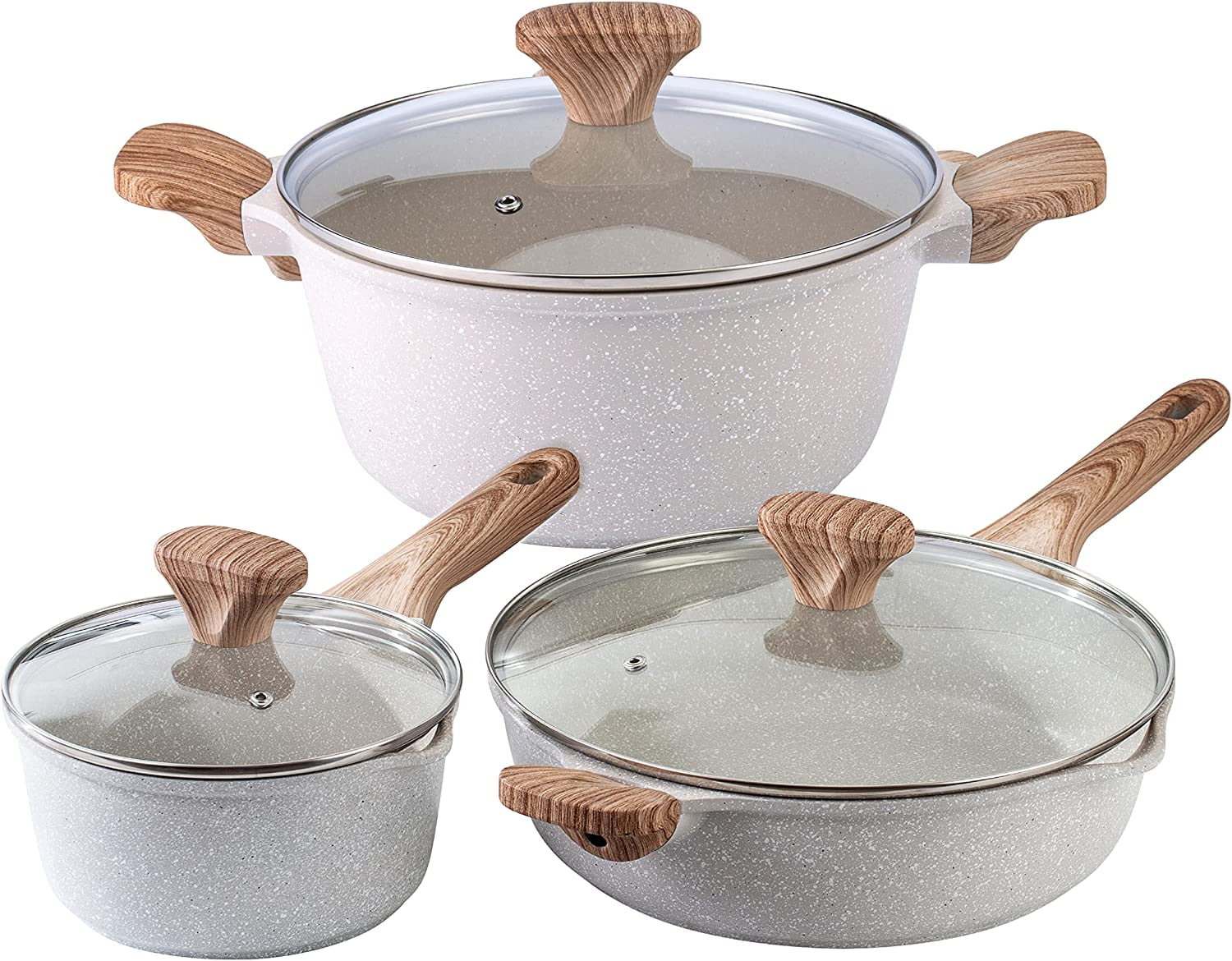 YHZCY Nonstick Cookware Sets - 6 Piece Nonstick Cast Aluminum Pots and Pans with BAKELITE Handles - Non-Toxic Pots with Glass Lids - Speckled Cream with Light Wood Handles