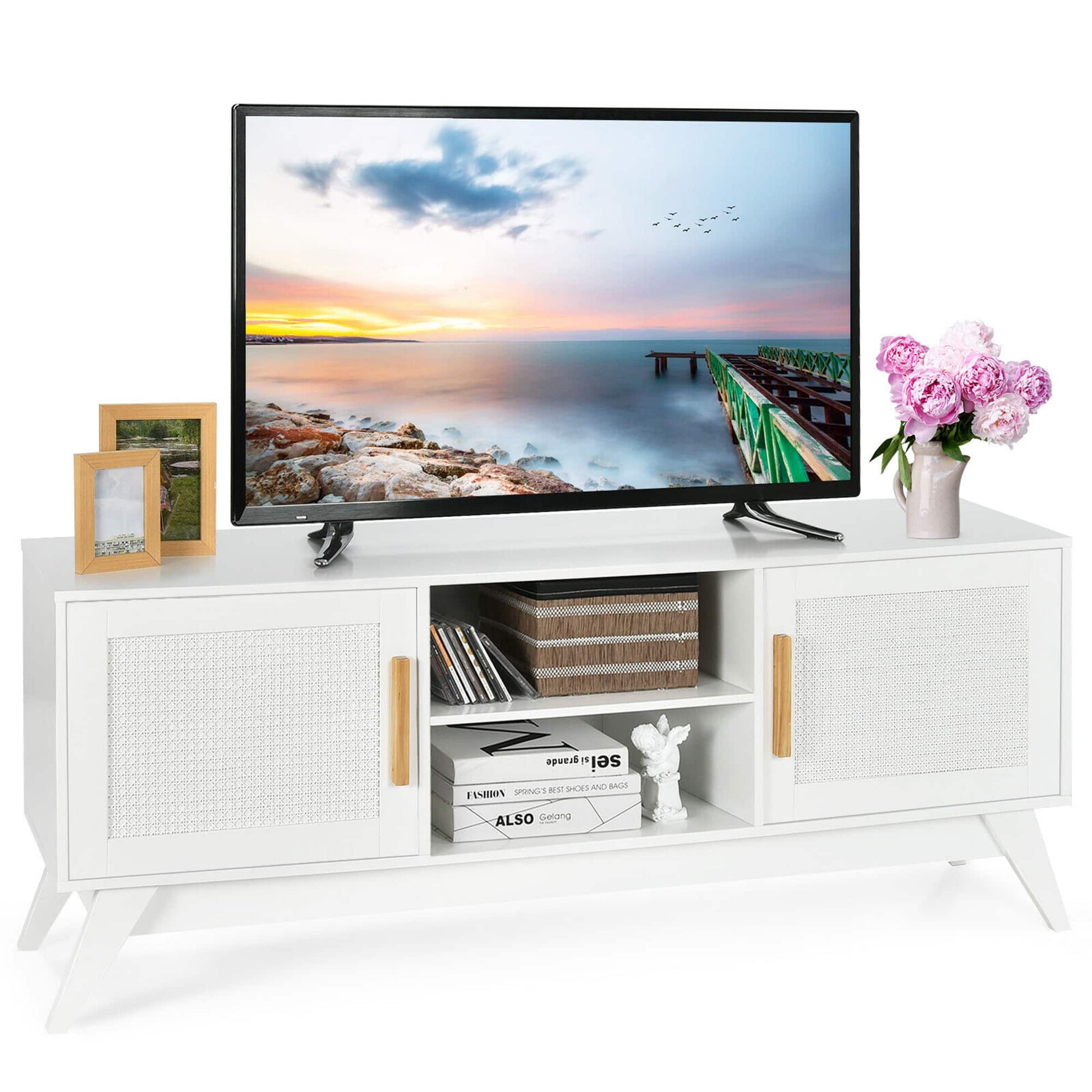 TV Stand Entertainment Media Console w/ 2 Rattan Cabinets & Open Shelves