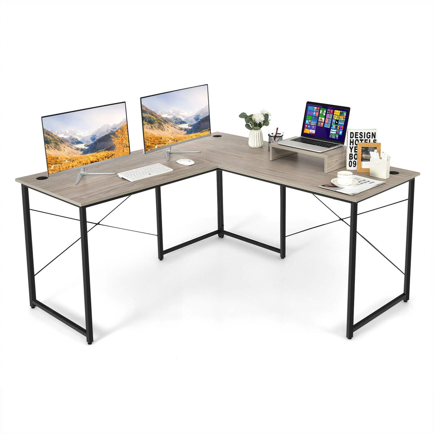 L-Shaped Reversible Computer Desk 2-Person Long Table with Monitor Stand