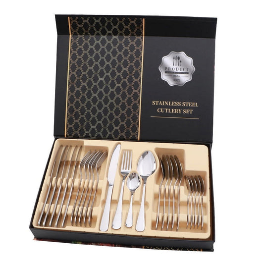 clearance Flatware Set Stainless Steel Glossy 24 Pieces Steak Knife Fork Spoon Set for Restaurant Silver