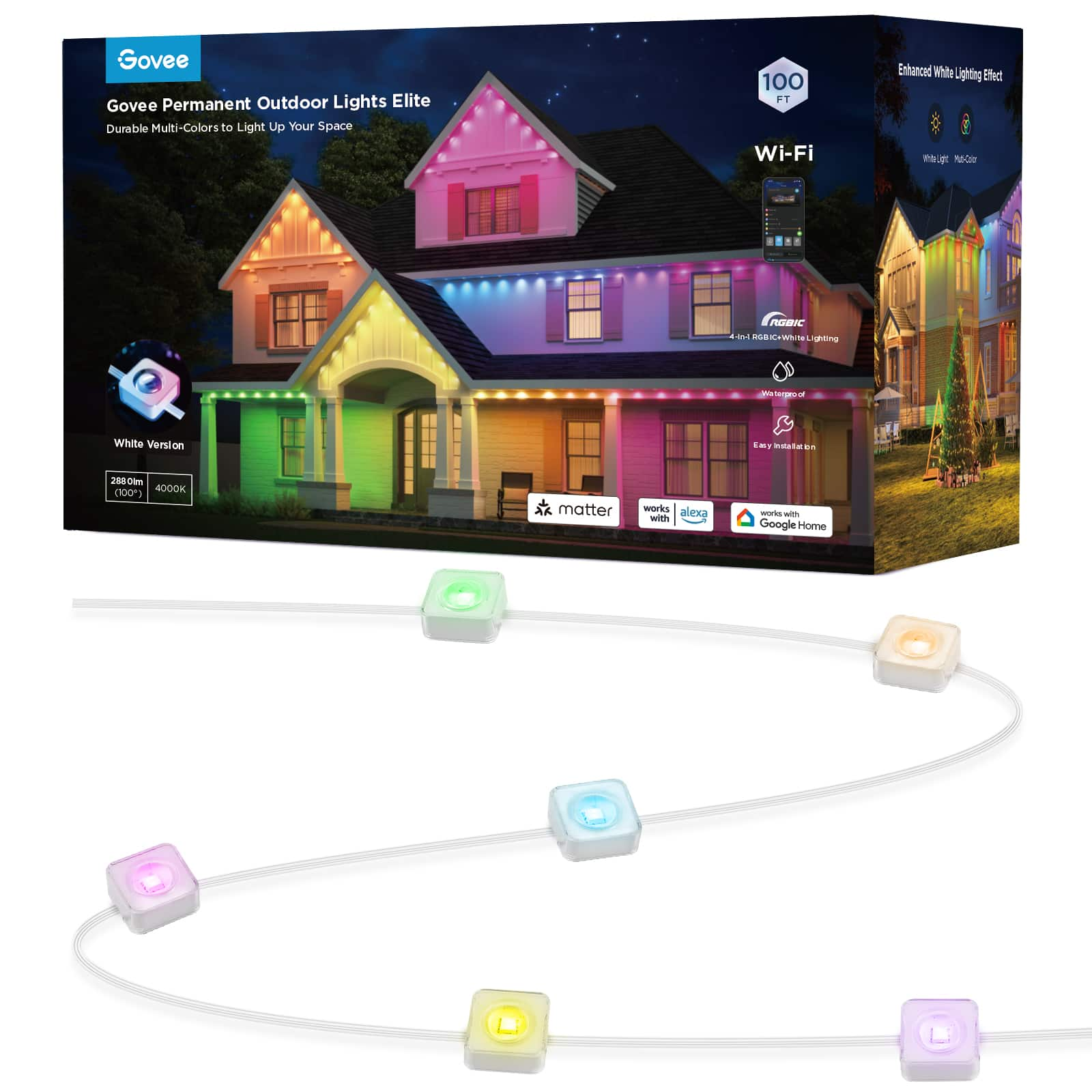 Wi-Fi RGBIC Outdoor Permanent String Lights 100ft