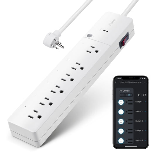 iHome 6 Outlet Smart Surge Protector Works with Alexa and Google Home, App Control, and Timer, 3 Prong - White