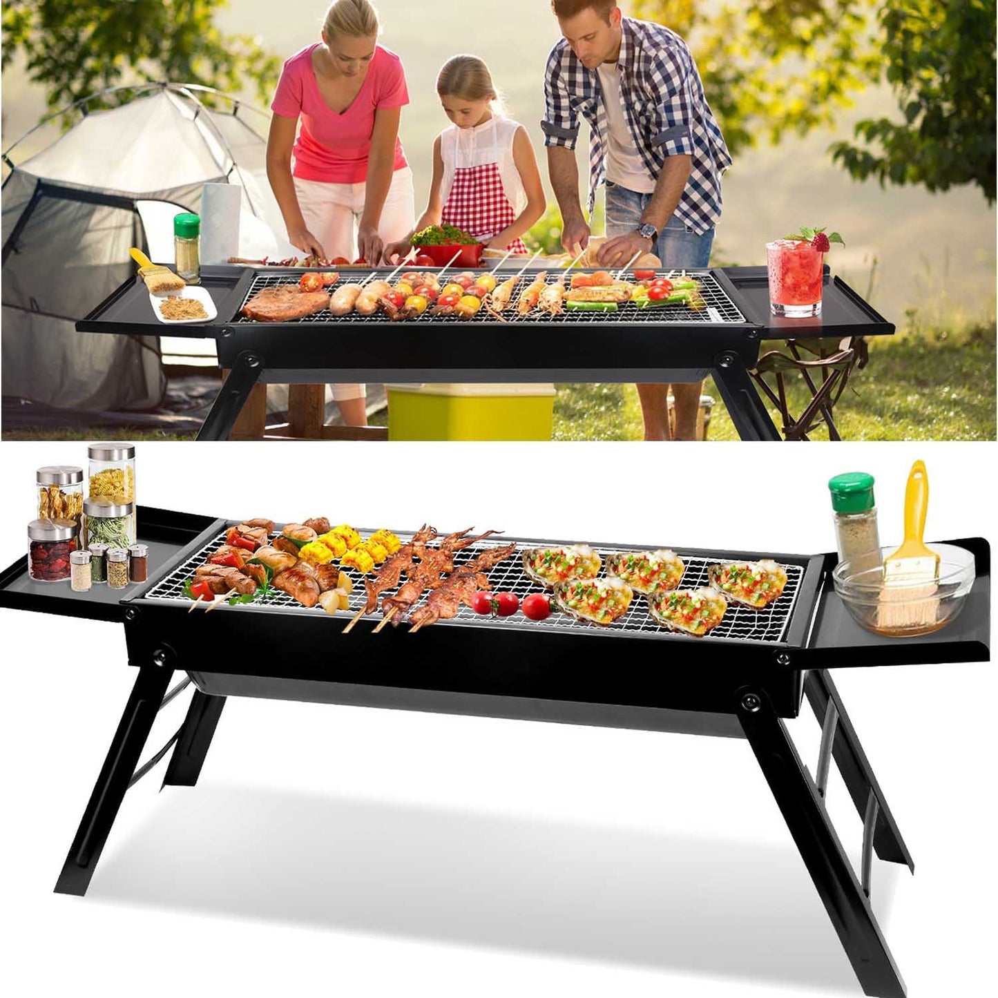 34.25x8.85x12in Portable Charcoal BBQ Grill Stainless Steel Tabletop Barbecue Grill Easy Setup for Camping Picnic Outdoor Party Backyard