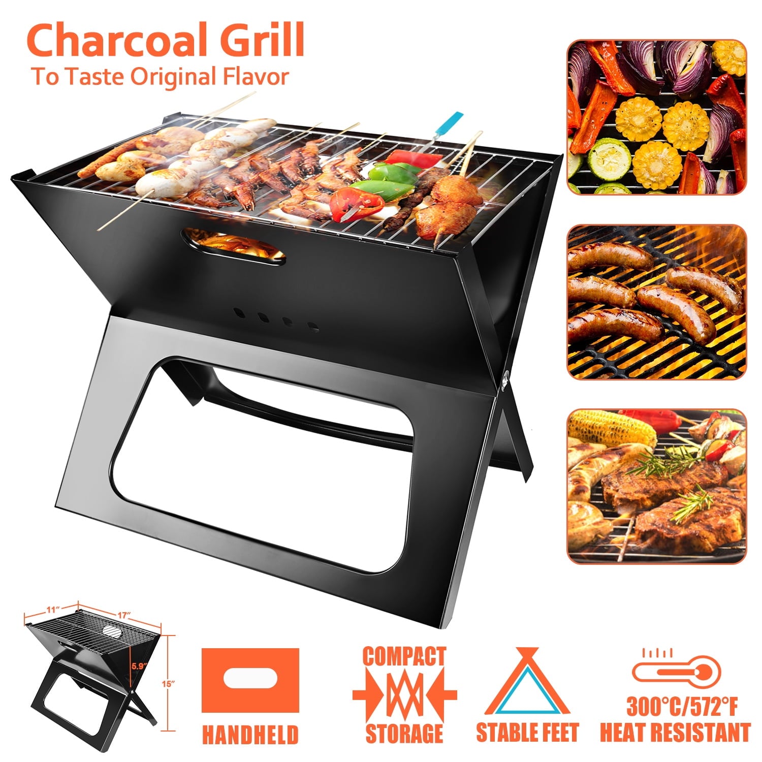 Charcoal BBQ Grill, Portable Camping Grill for Outdoor Barbecues Camping Traveling Picnics Garden Beach Party, Black