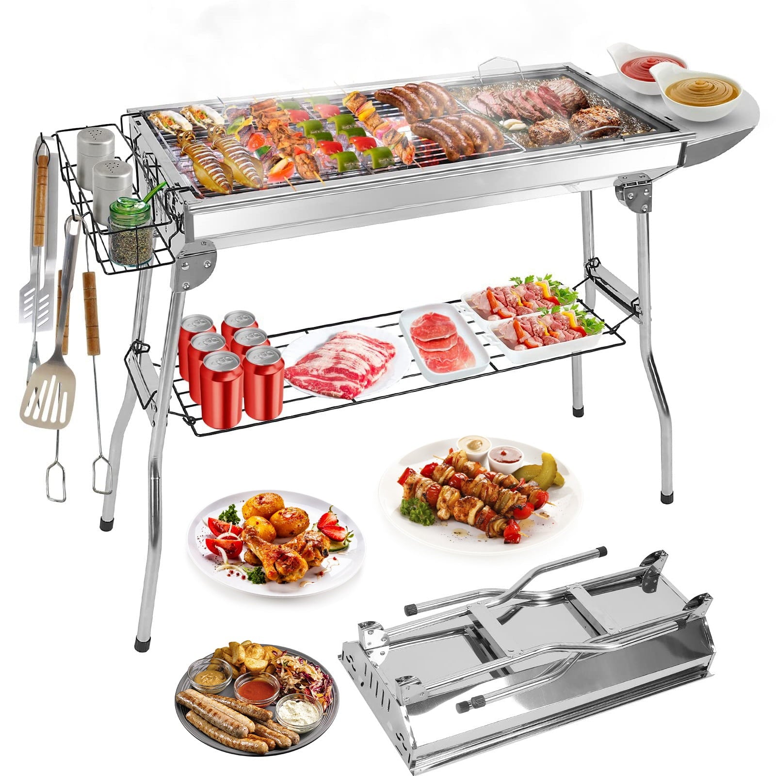 iMounTEK Foldable BBQ Grill, Stainless Steel Charcoal Barbeque Grill Set for Camping Picnic Backyard Cooking Party, 38.98x13.39x27.56in