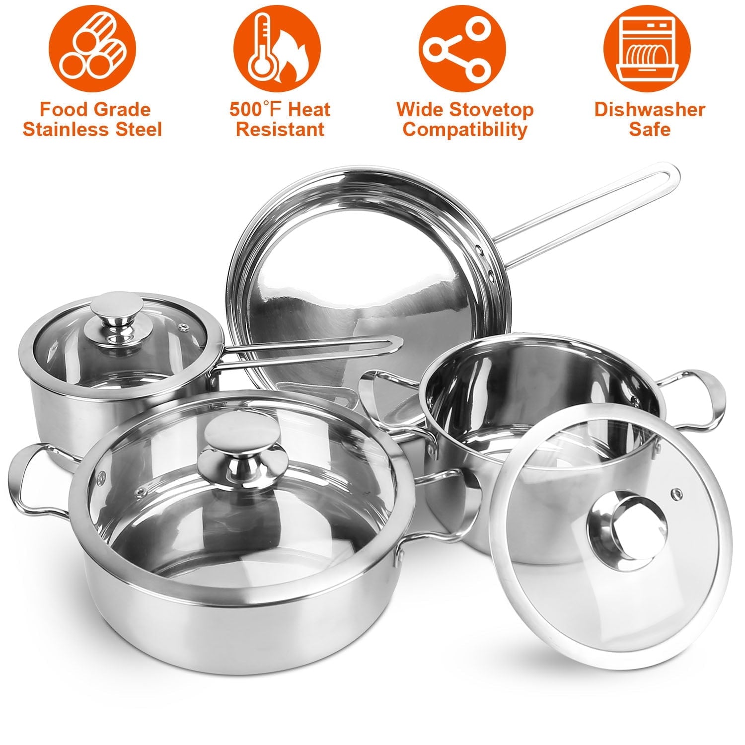 Kitchen Cookware Sets, 7-Piece Basic Stainless Steel Pots and Pans, Silver