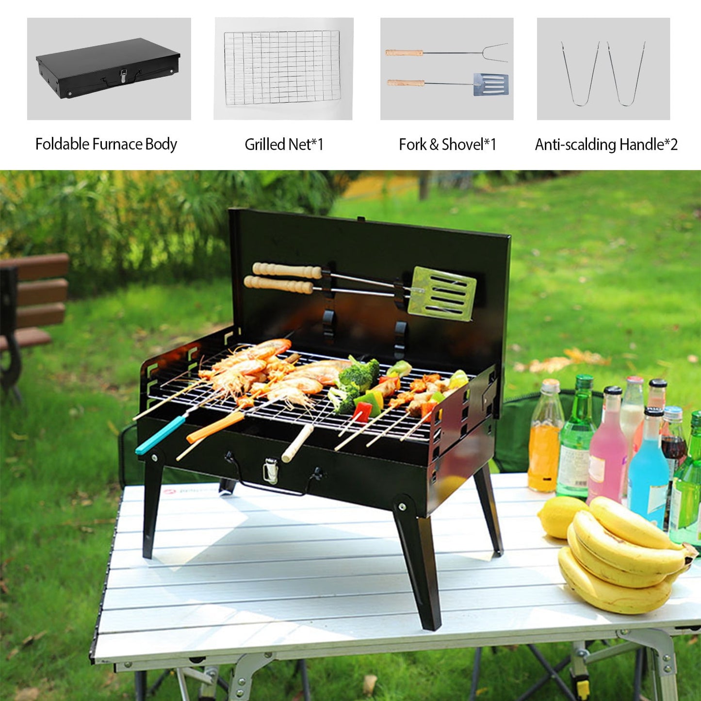 TeqHome Portable Charcoal Grill, Foldable BBQ Suitcase Grill Shelf For Outdoor Camping Picnics Garden Grilling, 16.7x10x17.7in, Black