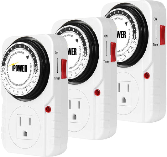 iPower Indoor Mini 24-Hour Mechanical Outlet Timer, 3-Prong, 3 Pack