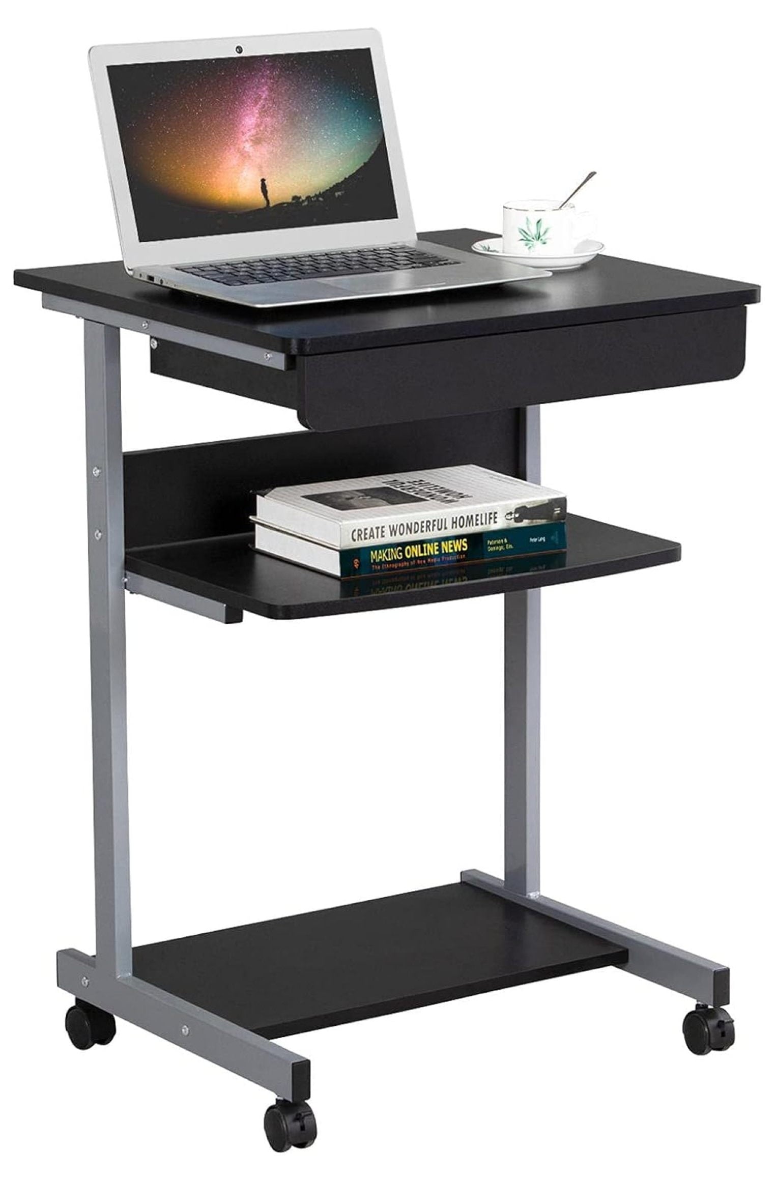 saney Mobile Compact Computer Desk Cart for Small Spaces, Work Workstation, Writing Desk Table with Drawers and Printer Shelf on Wheels