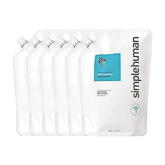 simplehuman Fragrance Free Moisturizing Liquid Hand Soap Refill Pouch, 34 Fl. Oz. (Pack of 6)