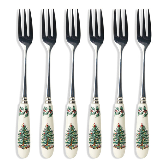 Portmeirion Christmas Tree Pastry Forks (Set of 6), Stainless Steel Forks with Porcelain Handles for Holiday Meals, 6-Inch Festive Christmas Flatware - Seasonal Tableware & Silverware Gift Set