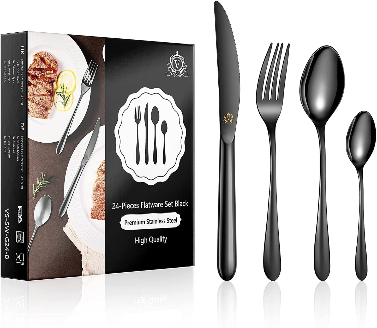 vancasso Silverware Sets 24-Piece, Stainless Steel Knife and Fork for 6 - Rose Gold