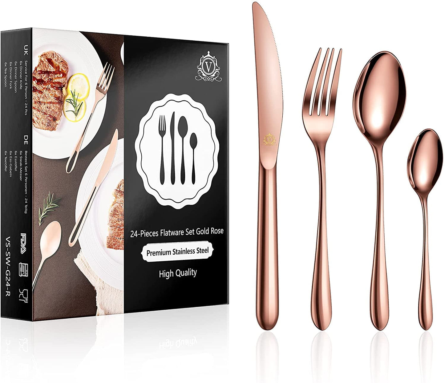 vancasso Silverware Sets 24-Piece, Stainless Steel Knife and Fork for 6 - Rose Gold