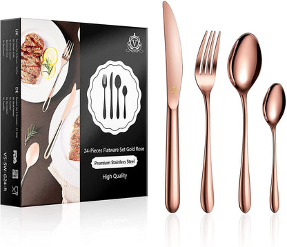 vancasso Silverware Sets 24-Piece, Stainless Steel Knife and Fork for 6 - Rose Gold