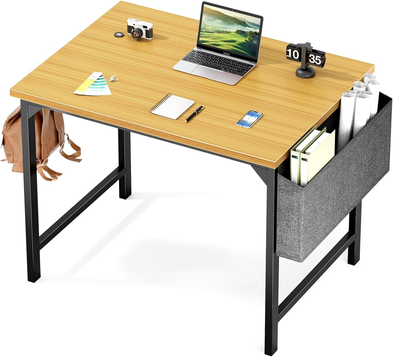 wOod-it Computer Office Desk Small 31.5 inch Student Study Writing Work with Wooden Tabletop Metal Frame for Home, Bedroom Storage Bag & Iron Hooks Modern Simple Home Bedroom PC Table,Yellow